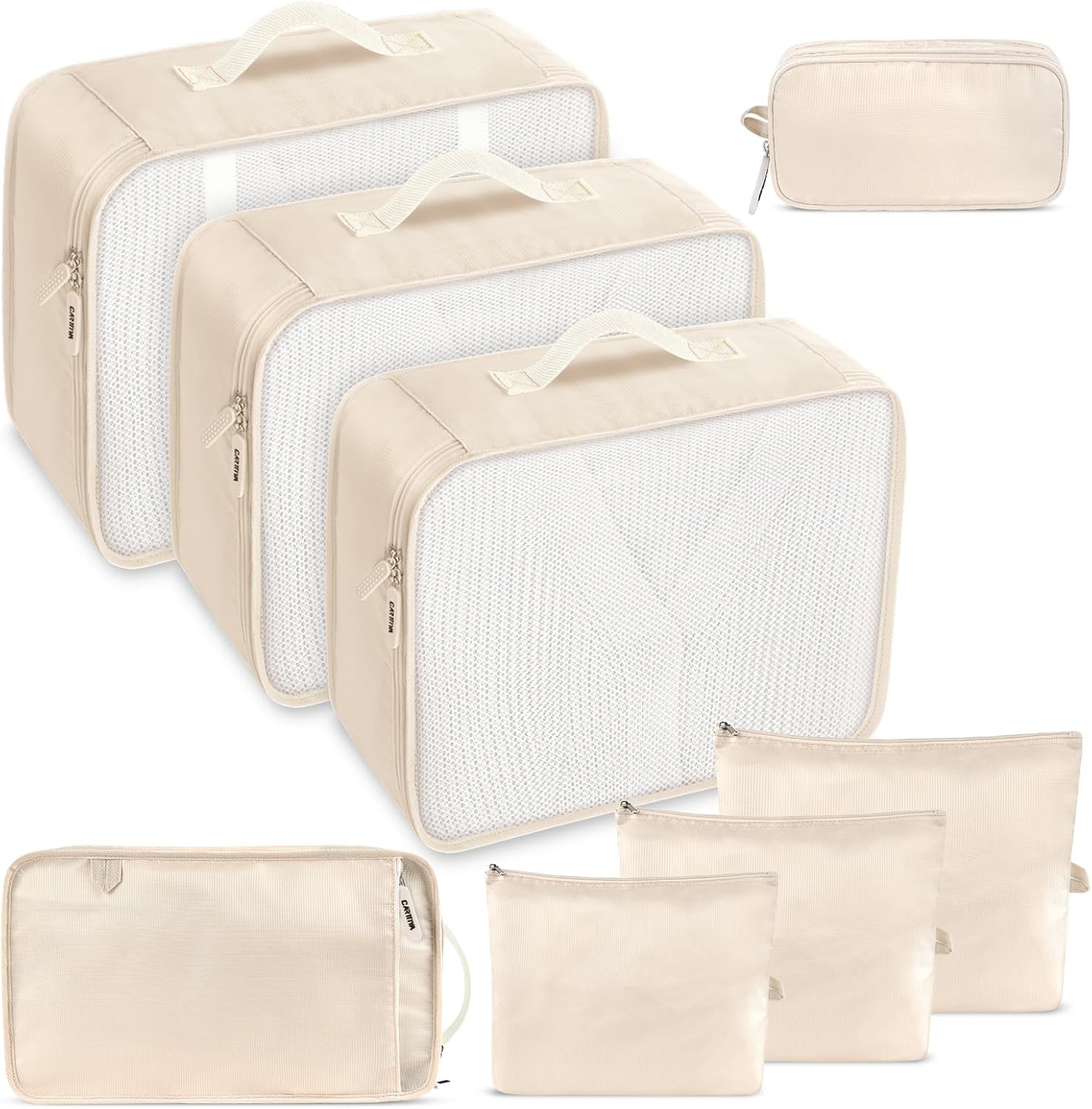 Packing Cubes for Suitcase, Carttiya Travel Luggage Packing Organizers for Backpack, Waterproof Travel Essentials Bag Clothes Shoe Toiletries Storage Bags(8PCS) (Beige)