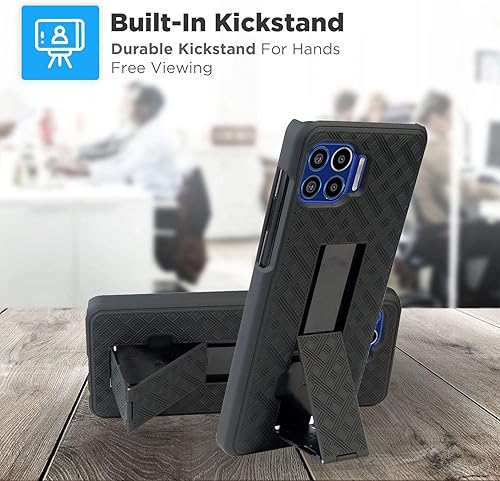 Miniatura 5 de Funda diseñada para Motorola One 5G (2020) con funda de clip para cinturón, funda para teléfono con función atril, color negro
