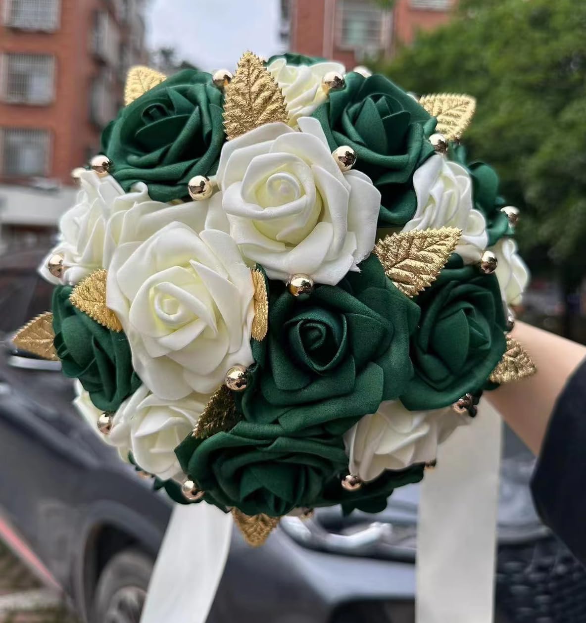 Handmade Wedding Bouquet Artificial PE Rose Bridal Bridesmaid Bouquet with Soft Ribbons Wedding Hand Holding Bouquet Artificial Fake Flowers Toss Bouquet(A-Emerald Green & Ivory, 6.7"/17cm)
