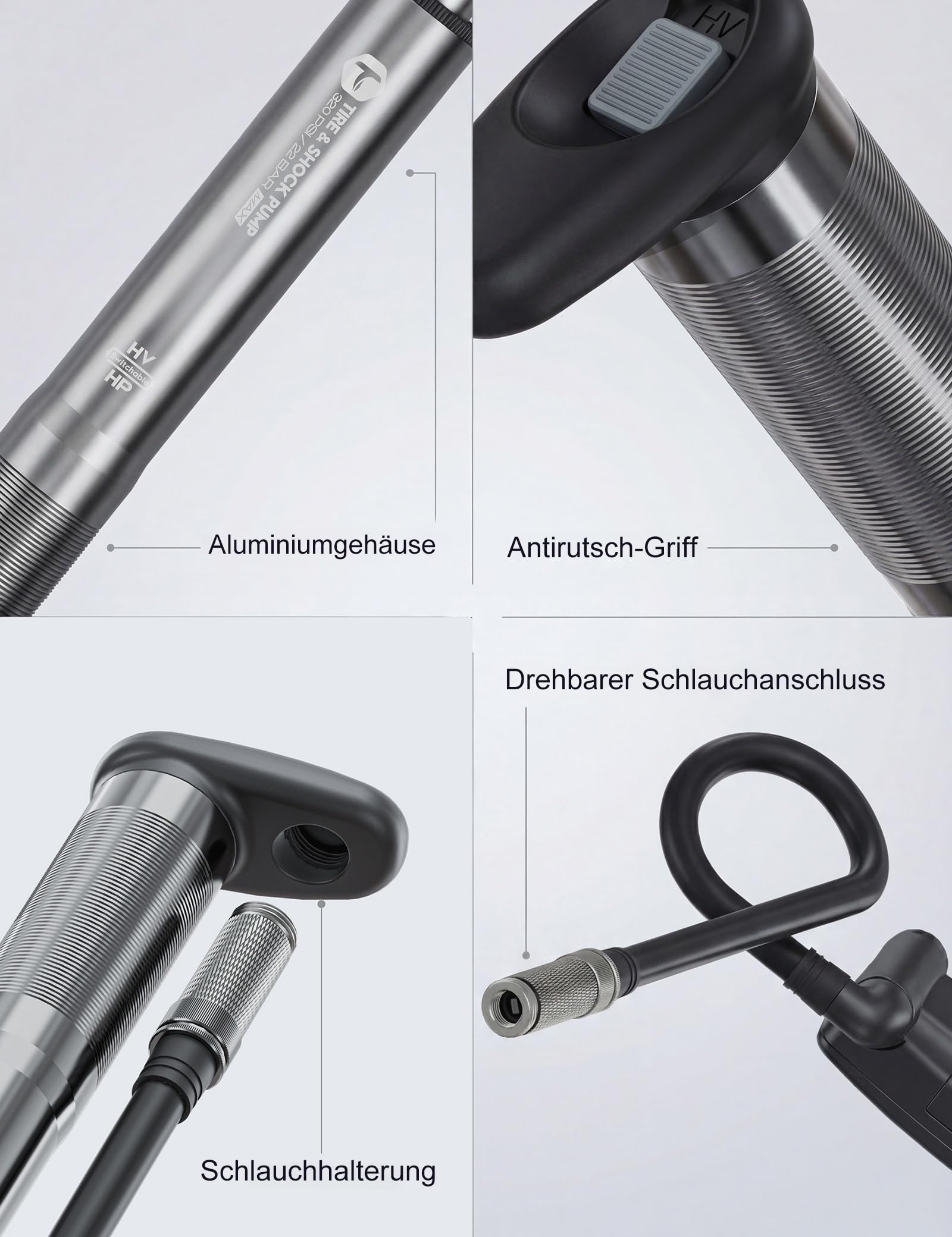 Tiakia Fahrrad Dämpferpumpe Digital 2-in-1 mit Manometer 320PSI Für Luftdämpfer und federgabel, Tragbare Aluminium fahrradpumpe reifenpumpe Fahrrad Rahmenpumpen,Für Schrader/Presta