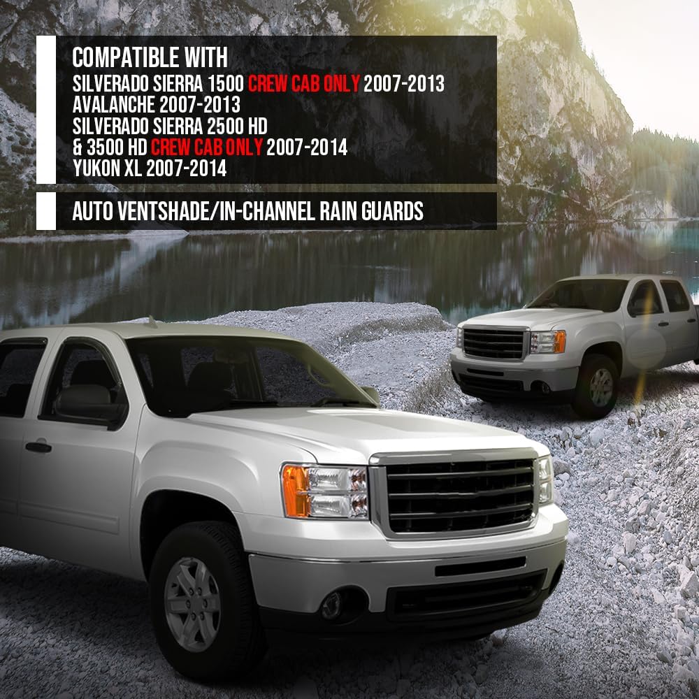g-plus 4pcs in-channel window visors sun rain guards side wind deflector compatible with chevy silverado gmc sierra 1500 crew cab only/chevy avalanche 2007-2013 smoke 2007-2013 chevy silverado
