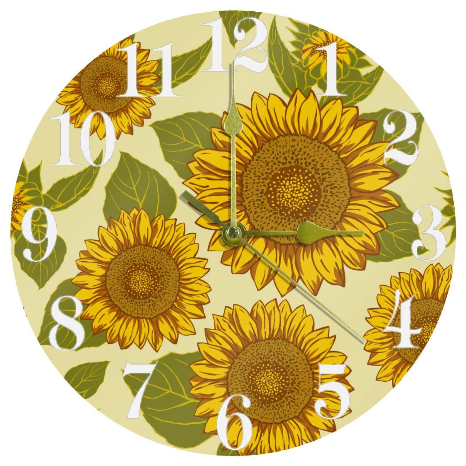 Horloge murale ronde silencieuse 25cm à quartz motif feuilles vertes pour cuisine et bureau