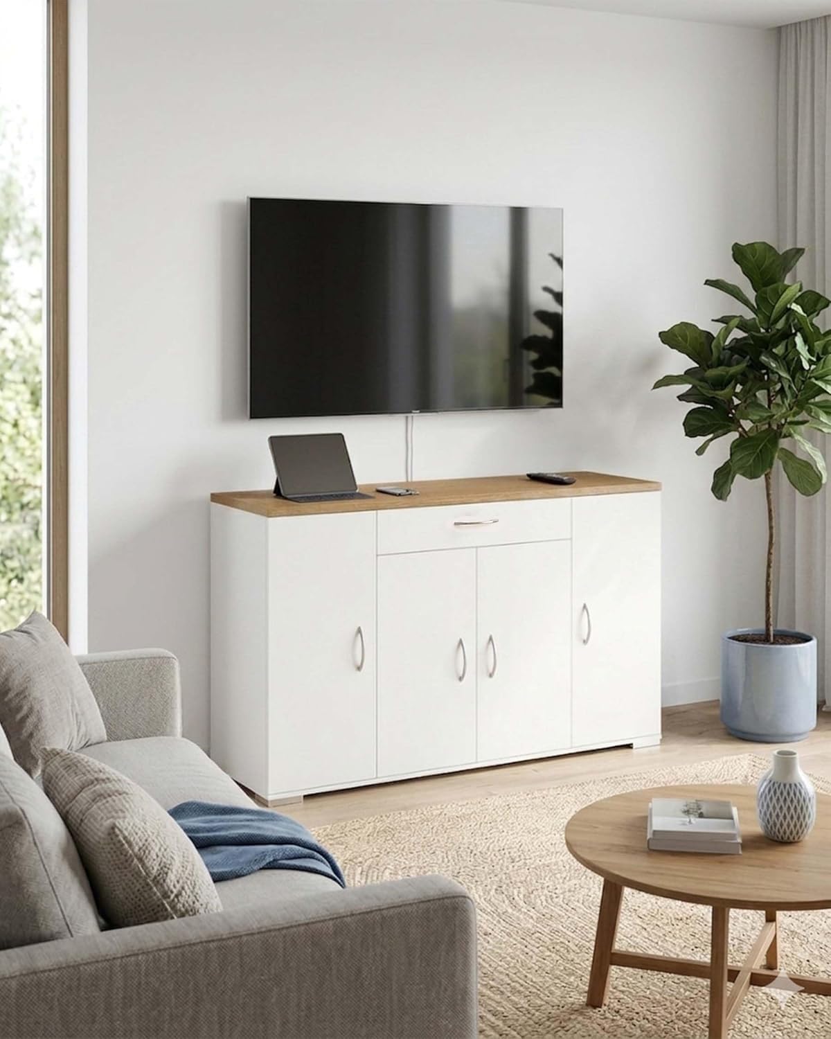 Credenza Sala da Pranzo Bianca con 4 Ante e 1 Cassetto 110×30×70cm | Credenza con 4 ante e 1 cassetto, spazio pratico per organizzare stoviglie, posate e accessori nella sala da pranzo