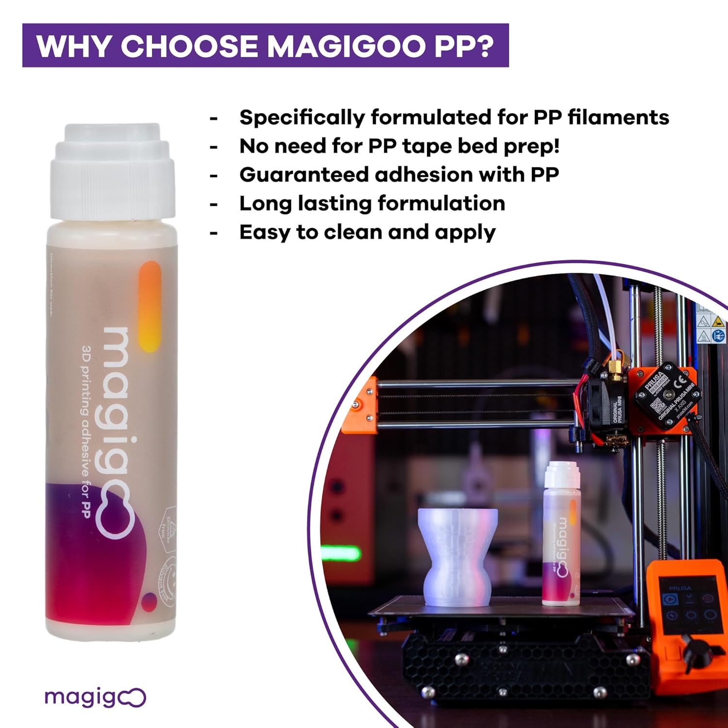 MPP2018 3D Printer Adhesive Glue for Polypropylene Filament - Long-Lasting & Reduces Warping on Flex Plate, Glass, PEI, Buildtak, Kapton - 3D Printing Accessories, Tools or Supplies (50ml)