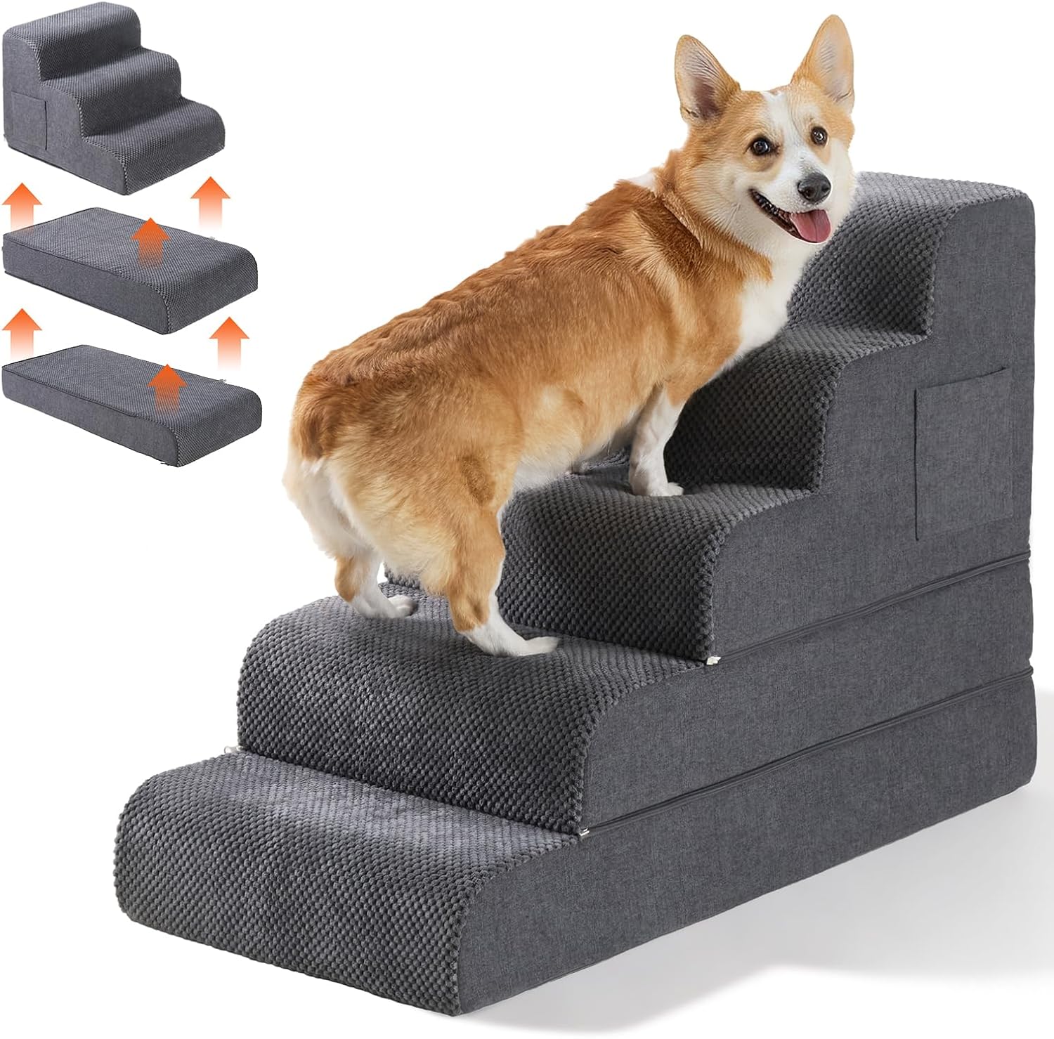 Dog Stairs for Small & Medium Dogs, 5-Step Dog Steps for Bed & Couch, High-Density Foam Pet Stairs for High Beds, Non-Slip Indoor Pet Ramp, Washable Cover, Fits Beds up to 22.6″, Grey