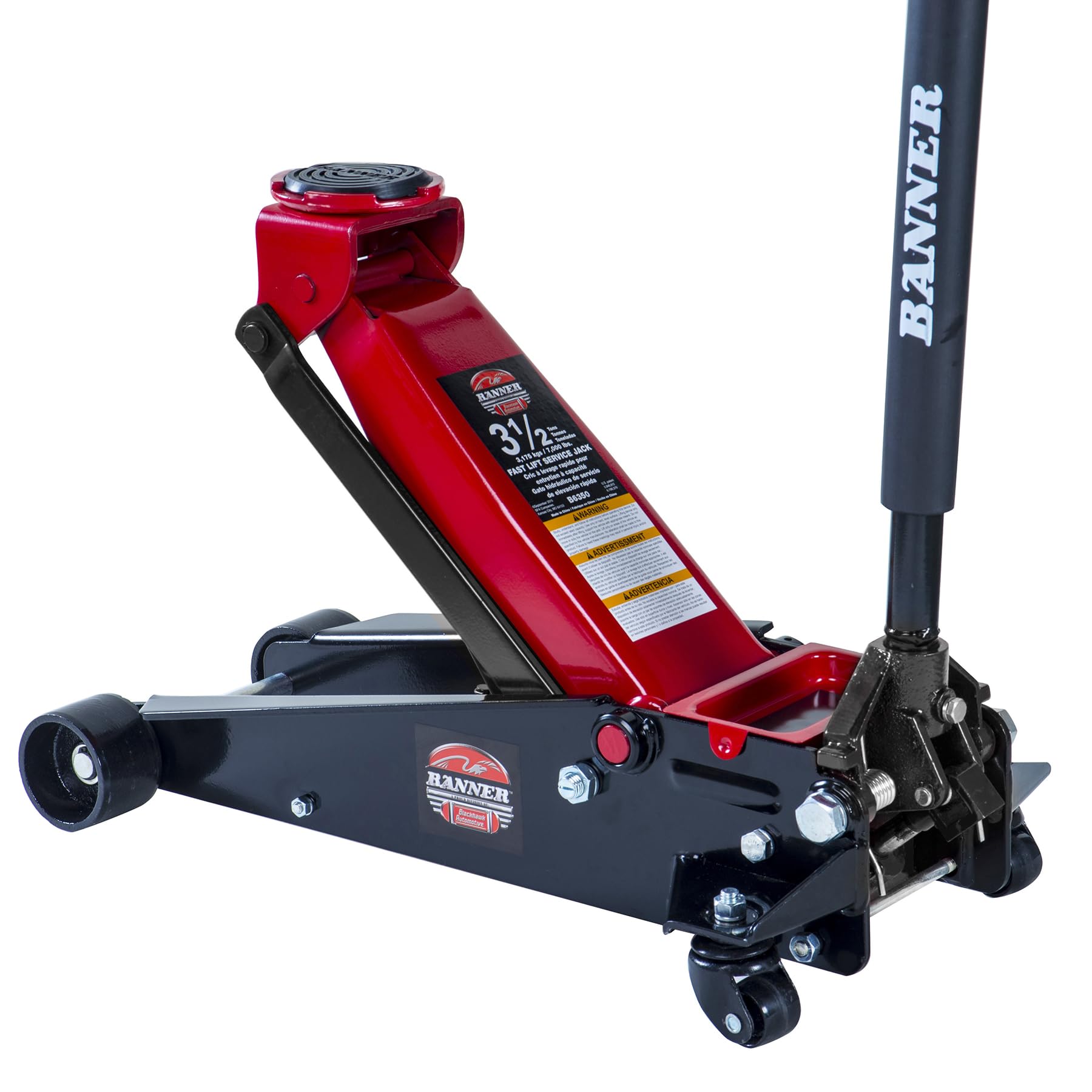 Blackhawk B6350 Black/Red Fast Lift Service Jack - 3.5 Ton Capacity, 28 1/2" L x 13 3/4" W x 6 1/2" H