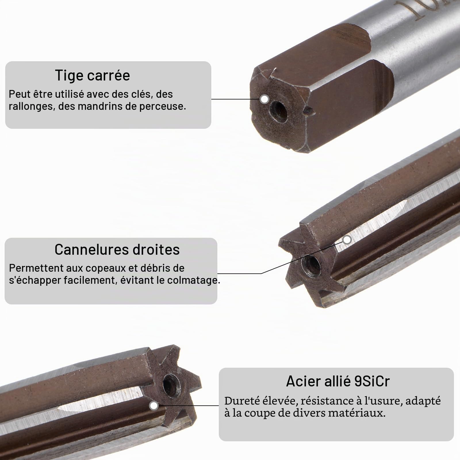 QUARKZMAN 10Pcs Jeu de Alésoirs à Main 3mm 4mm 5mm 6mm 7mm 8mm 9mm 10mm 11mm 12mm H7 Alésoir en Acier Allié Métrique à Flûtes Droites Outil de Coupe en Acier pour le Métal le Bois
