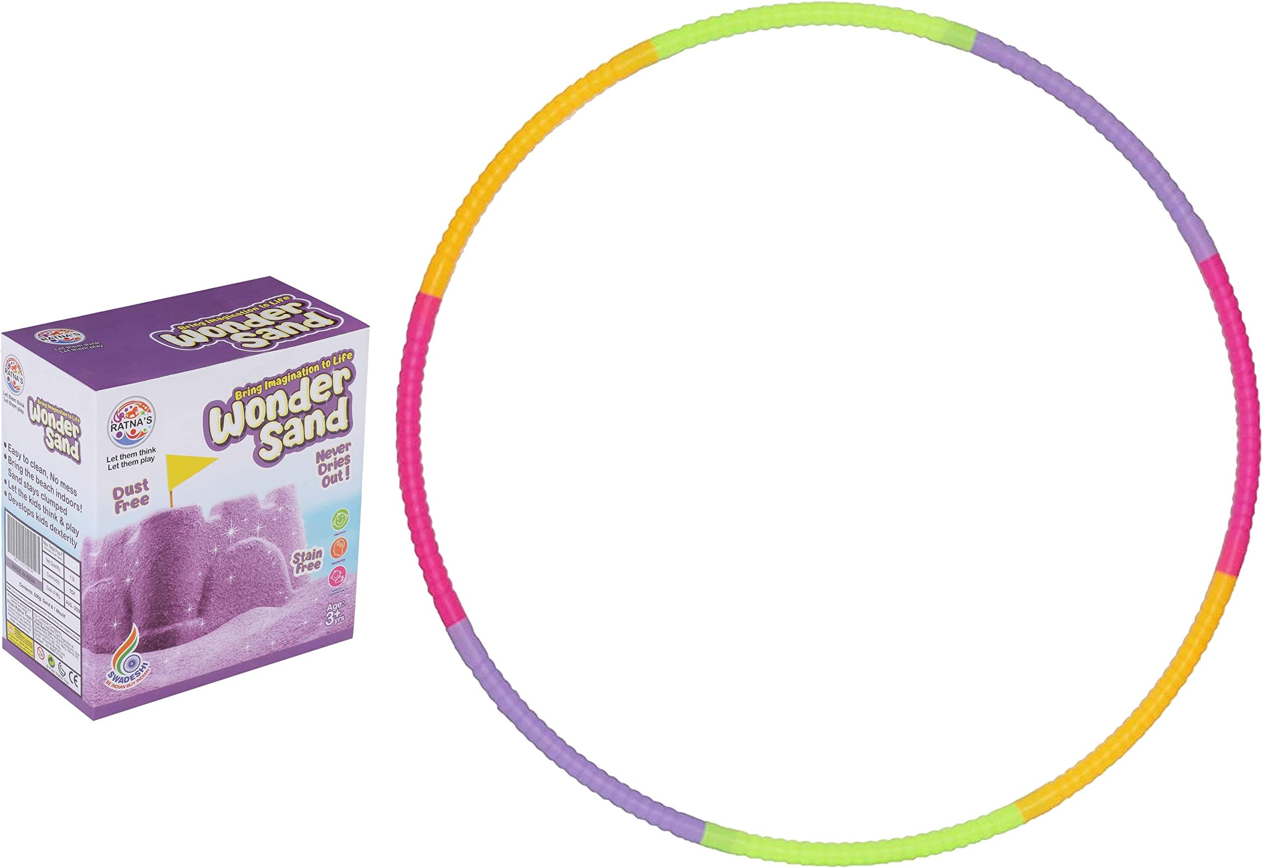 RATNA'S Wonder Sand 500 Grams for Play. Smooth Sand for Kids (Green 500 Grams),ONE Big Mould Inside Without Tray & TOYZTREND Classic Hula Hoop Consists of 8 Inter-Lockable Pieces (Multicolour)