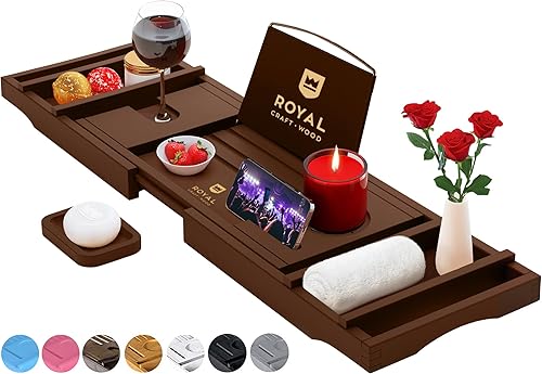 Miniatura 78 de Royal Craft - Bandeja de bambú para bañera con soporte para libro y vino Bambú Negro,Negro (plegable),Bambú carbonizado (marrón),Gris