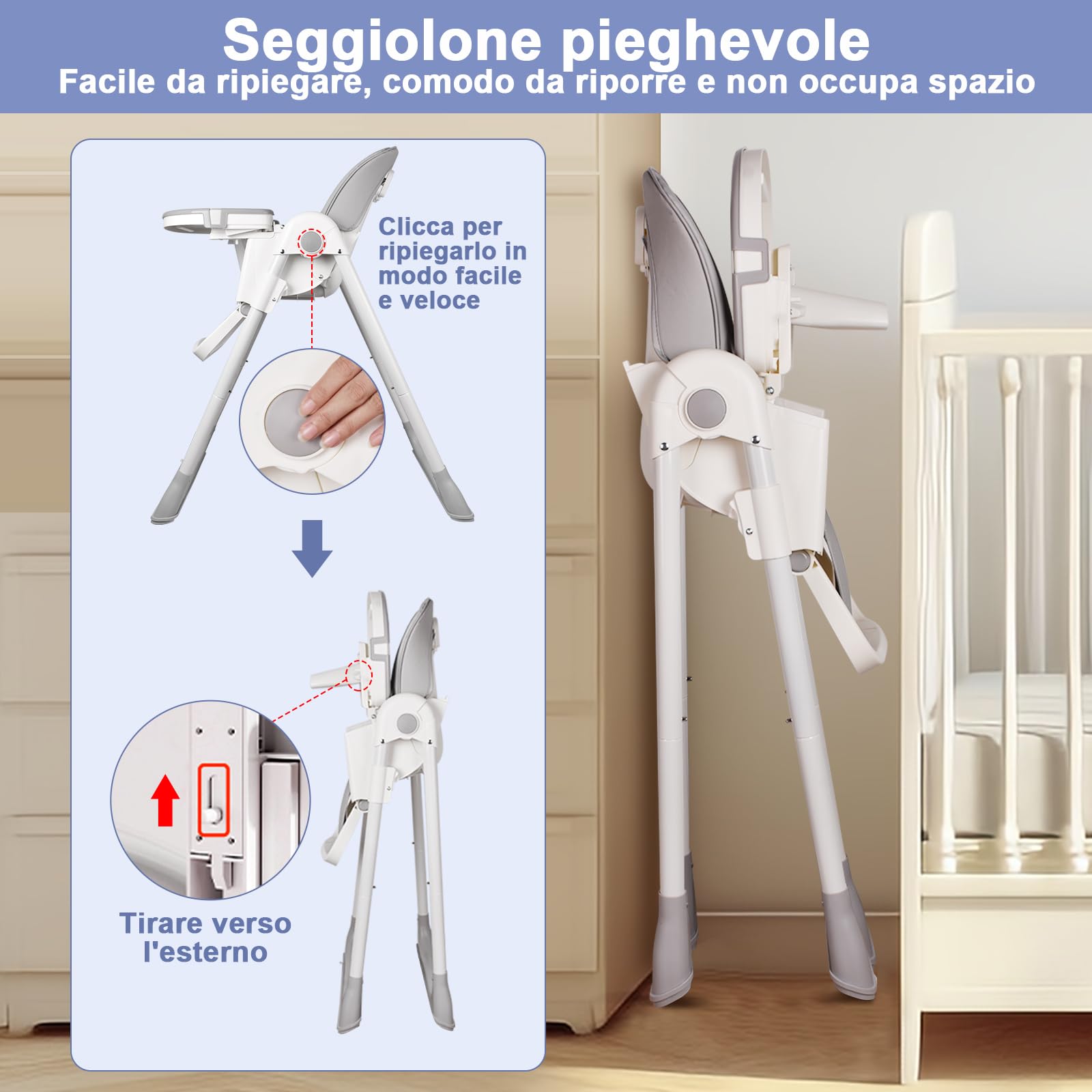 Seggiolone Pappa Portatile, Seggiolone Evolutivo con Vassoio Doppio Rimovibile, 4 Posizioni di Reclinazione e 5 Posizioni di Altezza Seggiolone per Bambini da 6-36 mesi