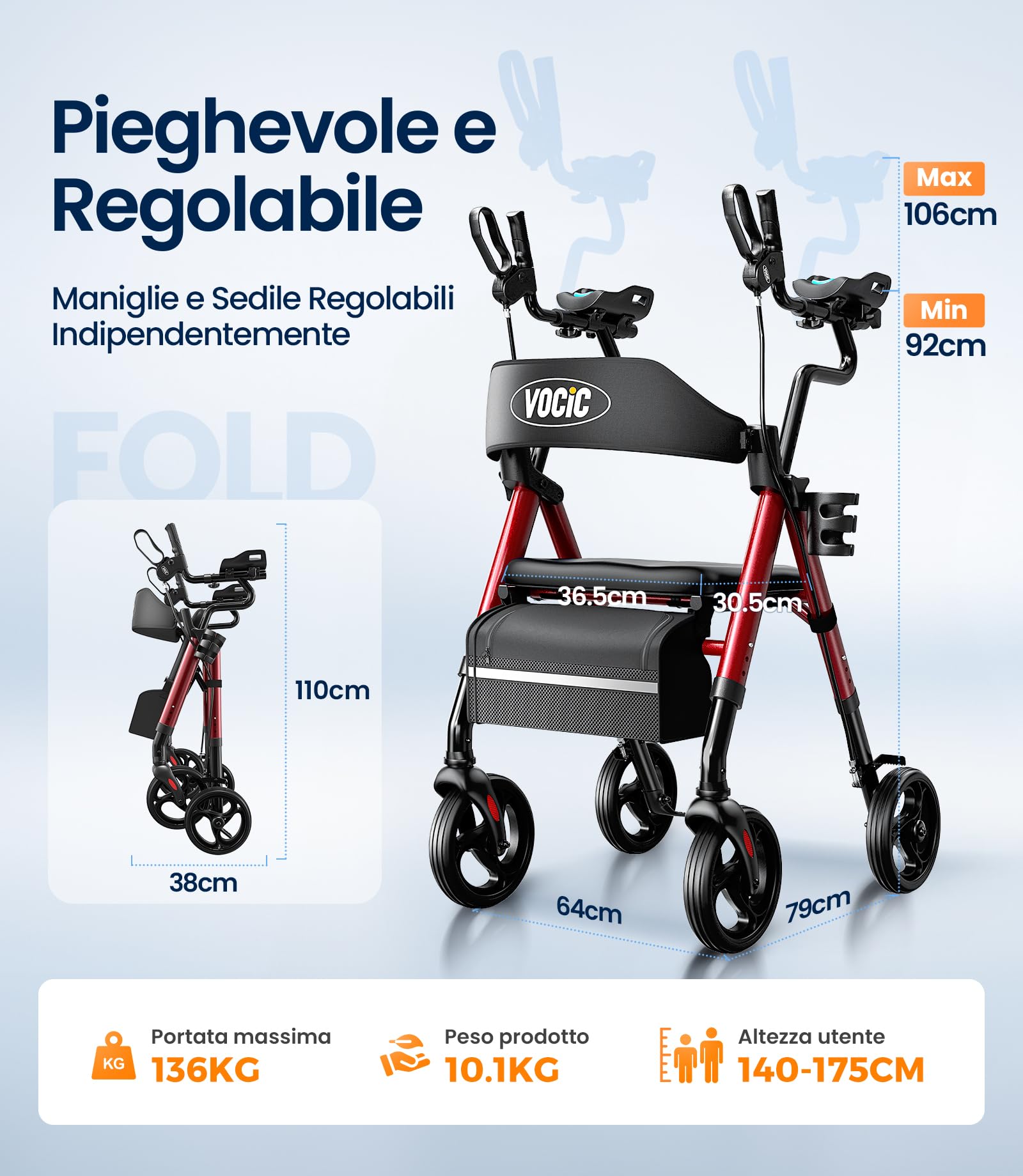 VOCIC Deambulatore pieghevole leggero con seduta,Poggiaavambracci imbottiti | Z22 GelSoft-Walker con braccioli regolabili e portabicchieri,deambulatore per anziani, Ergo-sedile & schienale,Max136kg,rosso