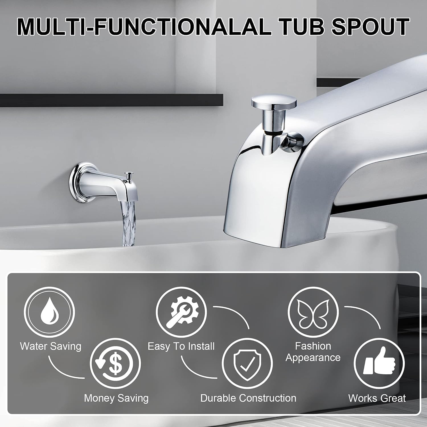 Bathroom Tub Spout,Wall Mounted Electroplate Bathtub Faucet Concealed Tub Spout Shower Tub Tap with Pull up Diverter for Bathroom