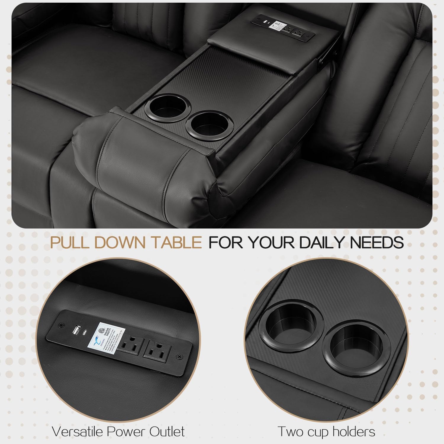 Recliner Loveseat with Console&Bluetooth Speakers, Manual RV Loveseat Reclining Sofa with USB Ports&4 Cup Holders, 2 Side Pockets Wall Hugger Recliner Home Theater Seating, Fuax Leather Black