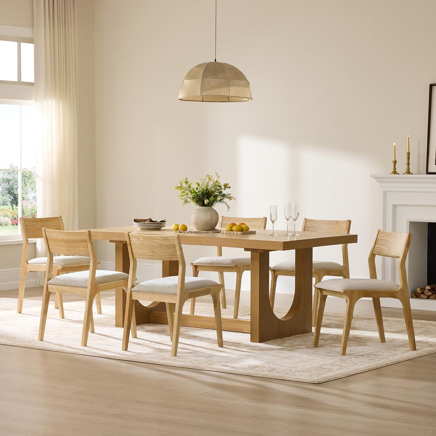 Watson & Whitely Wood Dining Chairs Set of 6, Modern Upholstered Fabric Kitchen Chairs with Curved Backrest and Solid Wood Frame, Farmhouse Dining Chairs for Dining Room, Living Room, Linen