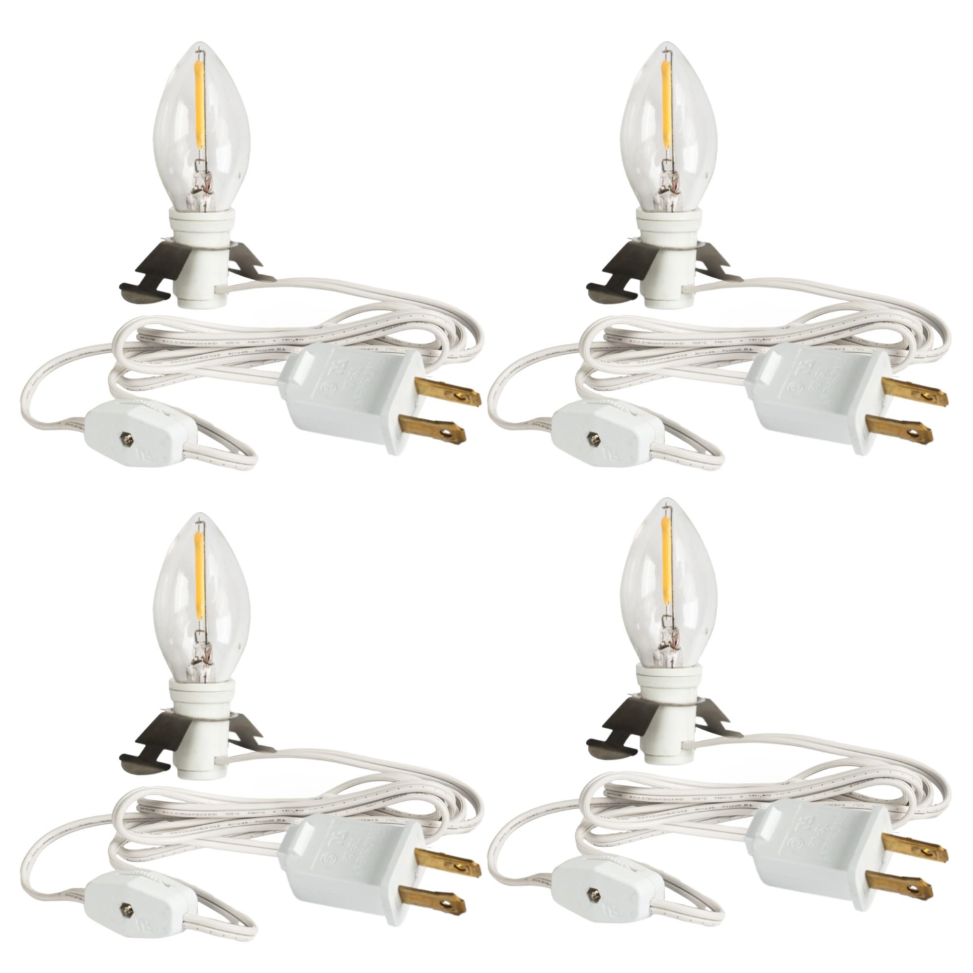 Dazzle Bright4 Pack 6 FT Accessory Cord with LED Light Bulb E12 Socket White Cord with On/Off Switch Plug, C7 Candelabra Light Bulbs for Holiday Decorations, Christmas Village House, Pumpkin Lights