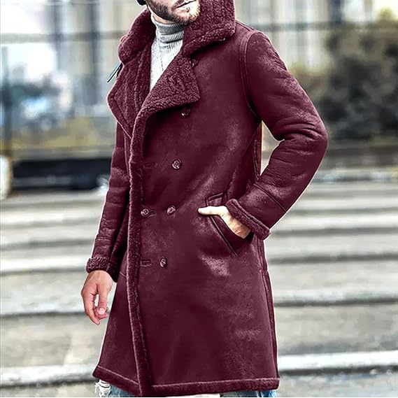 Mens Winter Coats Notch Lapel Long Trench Coat Fleece Sherpa Jackets Faux Fur Coats Parkas Thermal Heavyweight Outwear