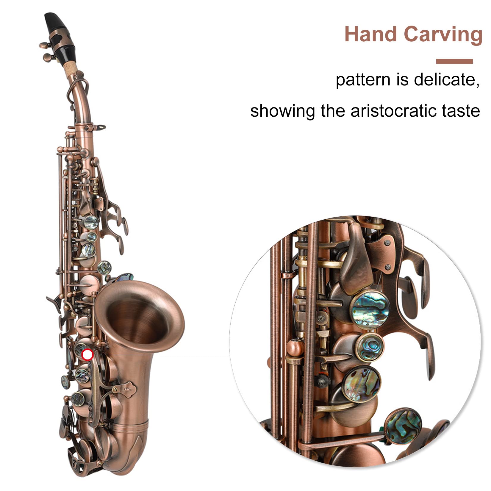BOTOWI Sassofono Soprano Curvo BB Flat Sax Soprano Sax Full Kit con Custodia per Trasporto, Strumenti a Fiato per Principianti Studenti Intermedi,Incisione Ottone di qualità, Suono Splendidoa