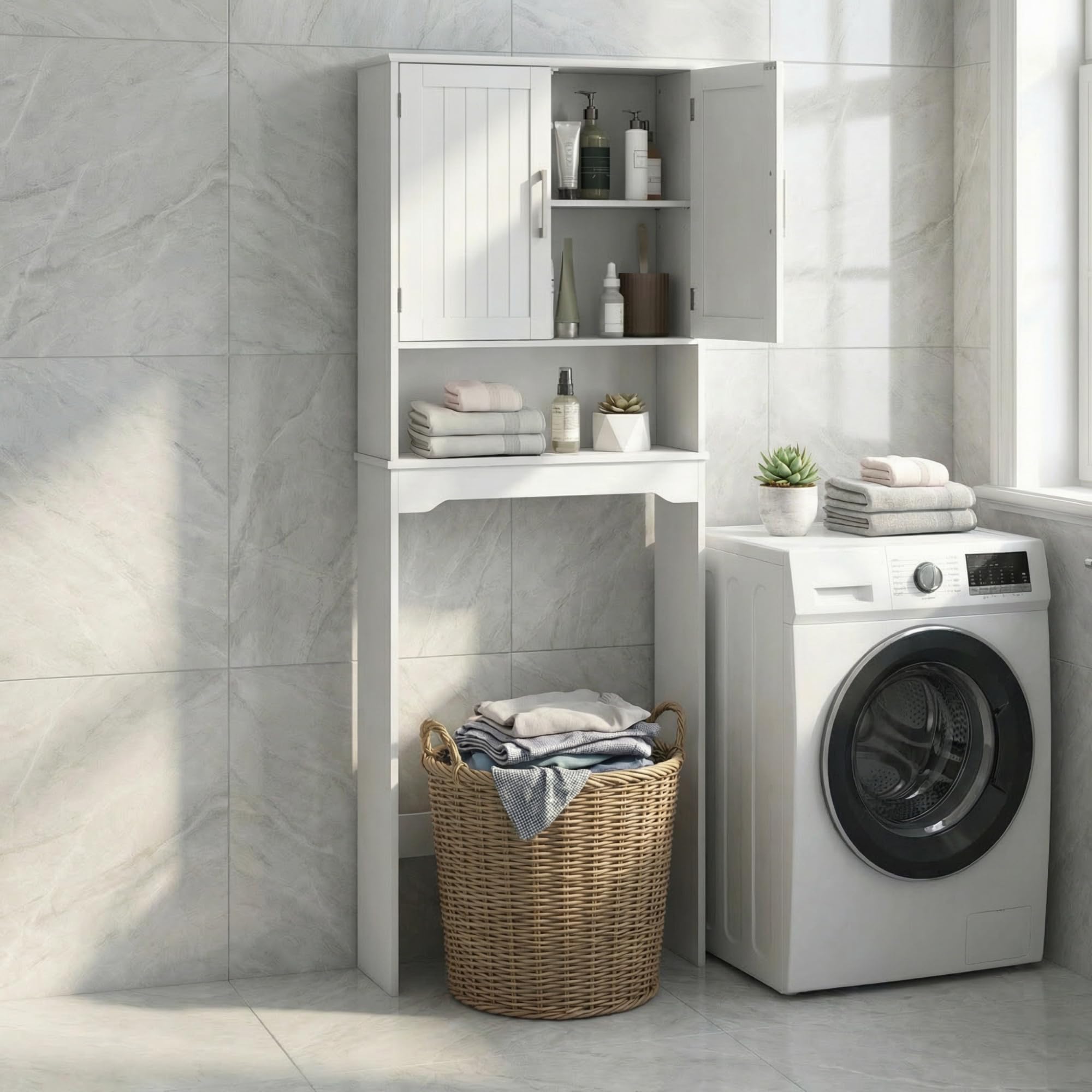 LIFEZEAL Armario sobre Inodoro, Mueble Alto de baño, Estante con 2 Puertas balda Ajustable, Organizador para baño, Lavadora, 63 x 23 x 168 cm