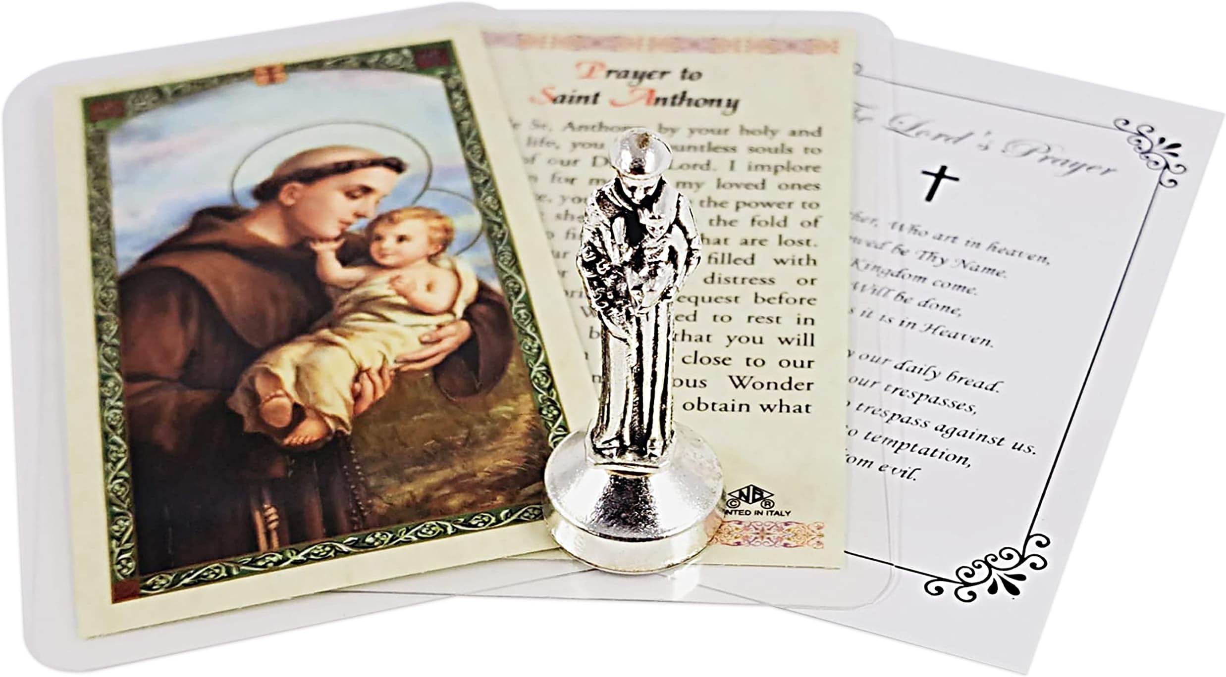 Mini St Anthony Statue Metal (2 Inch) - Saint Anthony Laminated Prayer Card, The Lord's Prayer Card | Saint Anthony Padua Figurine | Magnetic Sticky Statue Base for Car Dash or Flat Surfaces, 3 Items