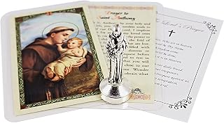 Mini St Anthony Statue Metal (2 Inch) Saint Anthony Laminated Prayer Card, The Lord's Prayer Card | Saint Anthony Padua Figurine | Magnetic Sticky Statue Base for Car Dash or Flat Surfaces, 3 Items