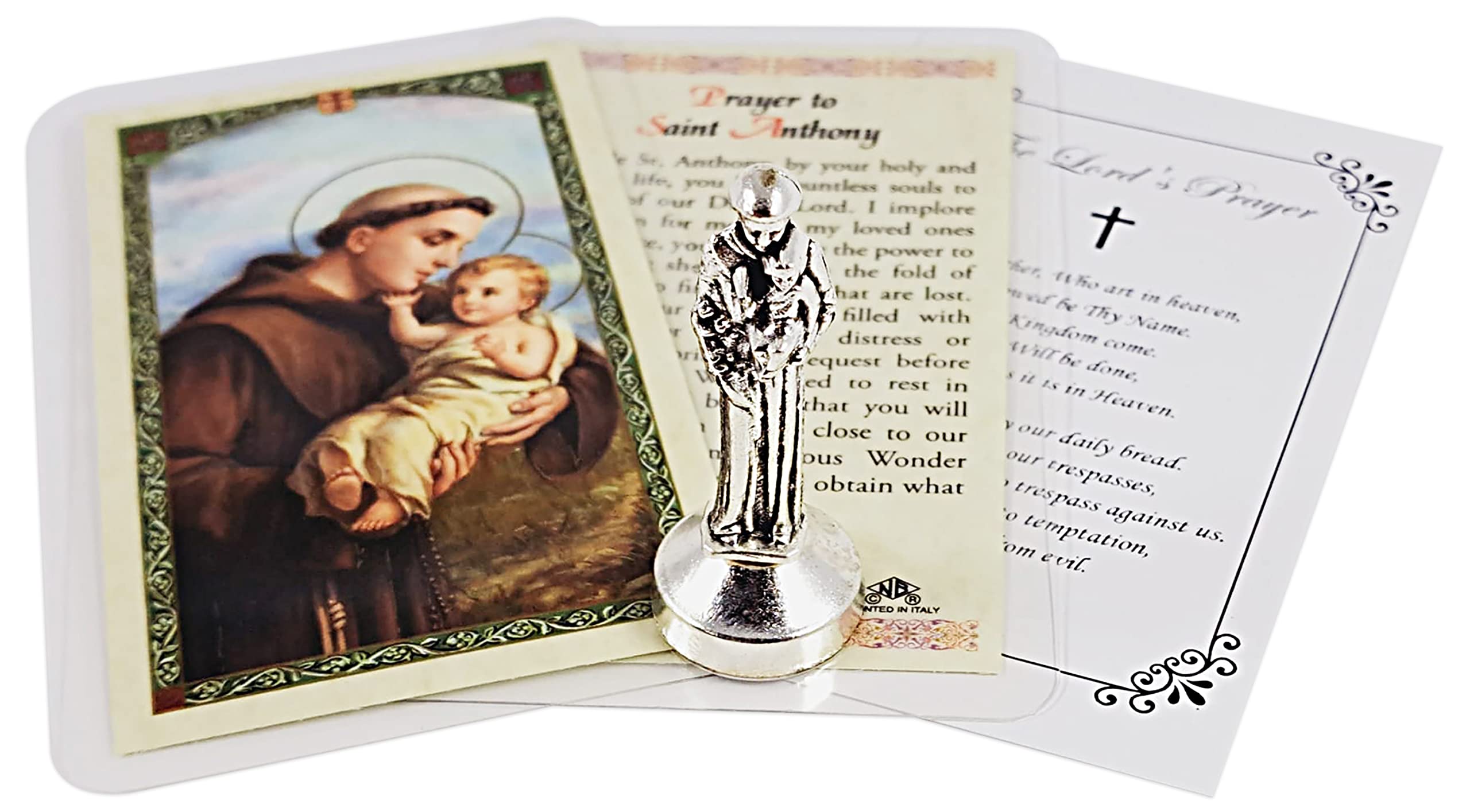 Mini St Anthony Statue Metal (2 Inch) - Saint Anthony Laminated Prayer Card, The Lord's Prayer Card | Saint Anthony Padua Figurine | Magnetic Sticky Statue Base for Car Dash or Flat Surfaces, 3 Items