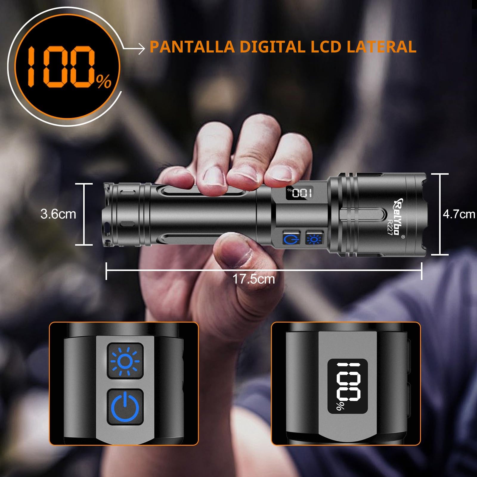 Relybo Linternas LED Alta Potencia 1,000,000 Lumen, XHM90.2 Linterna LED Recargable, Linterna Potente Tactica Pilas, 2 Interruptores VariacióN Infinita Linterna Tactica Para Emergencia Camping
