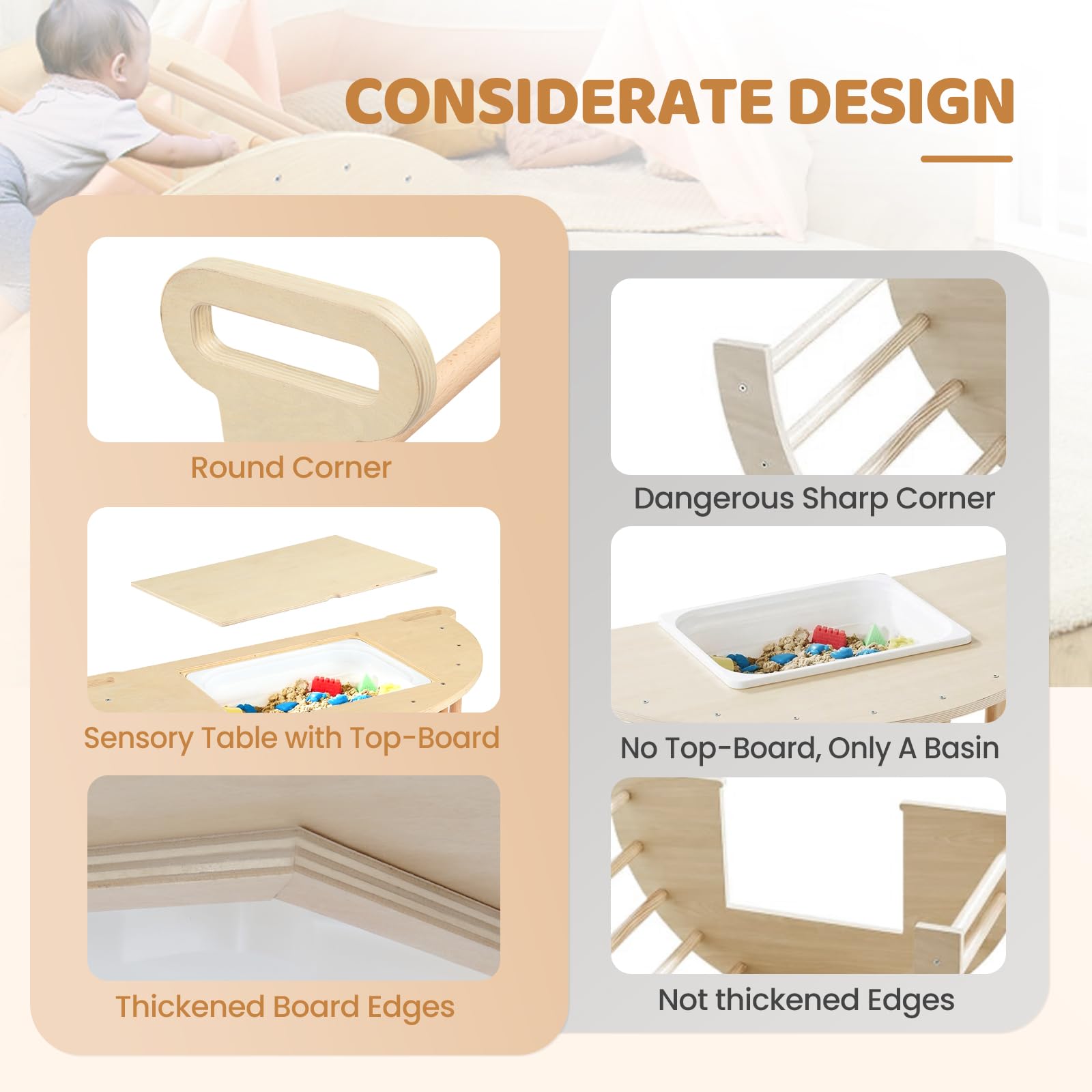 JOYMOR 5-in-1 Pikler Triangle Climber Arch Rocker with Cushion Sensory Table Set for Kids, Montessori Wooden Climbing Toys for Toddlers Inside with Collapsible Storage Basin & Blackboard