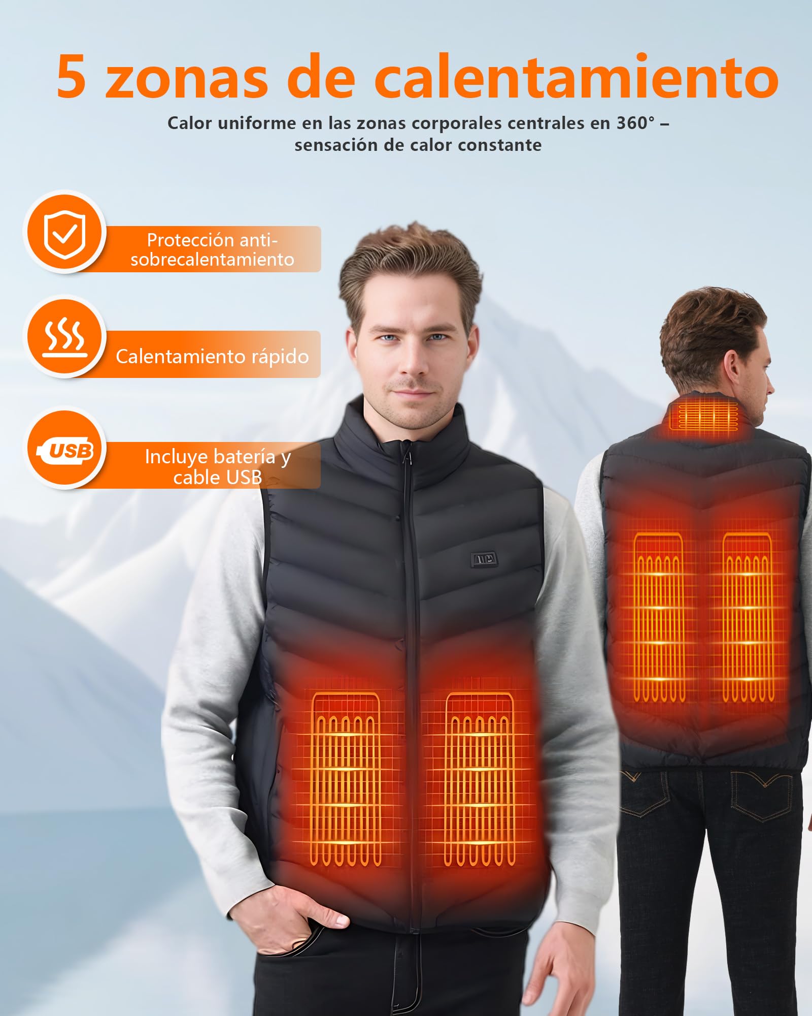 Chaleco Calefactable Hombre con Batería De 10000 mAh, 3 Temperaturas, 5 Zonas de Calentamiento, Chaqueta Calefactable con Carga USB, para Esquí, Motociclismo, Senderismo y Pesca