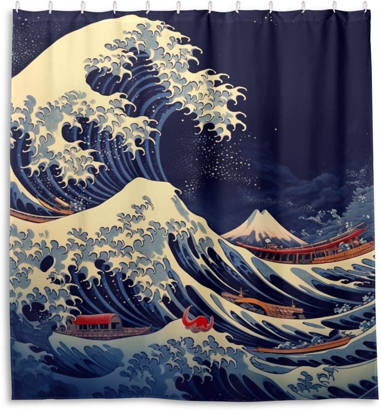 xigua Shower Curtains Great Wave Curtain，Waterproof Fabric Decor Shower Curtains for Bathroom Set with 12 Hooks，66” x 72”