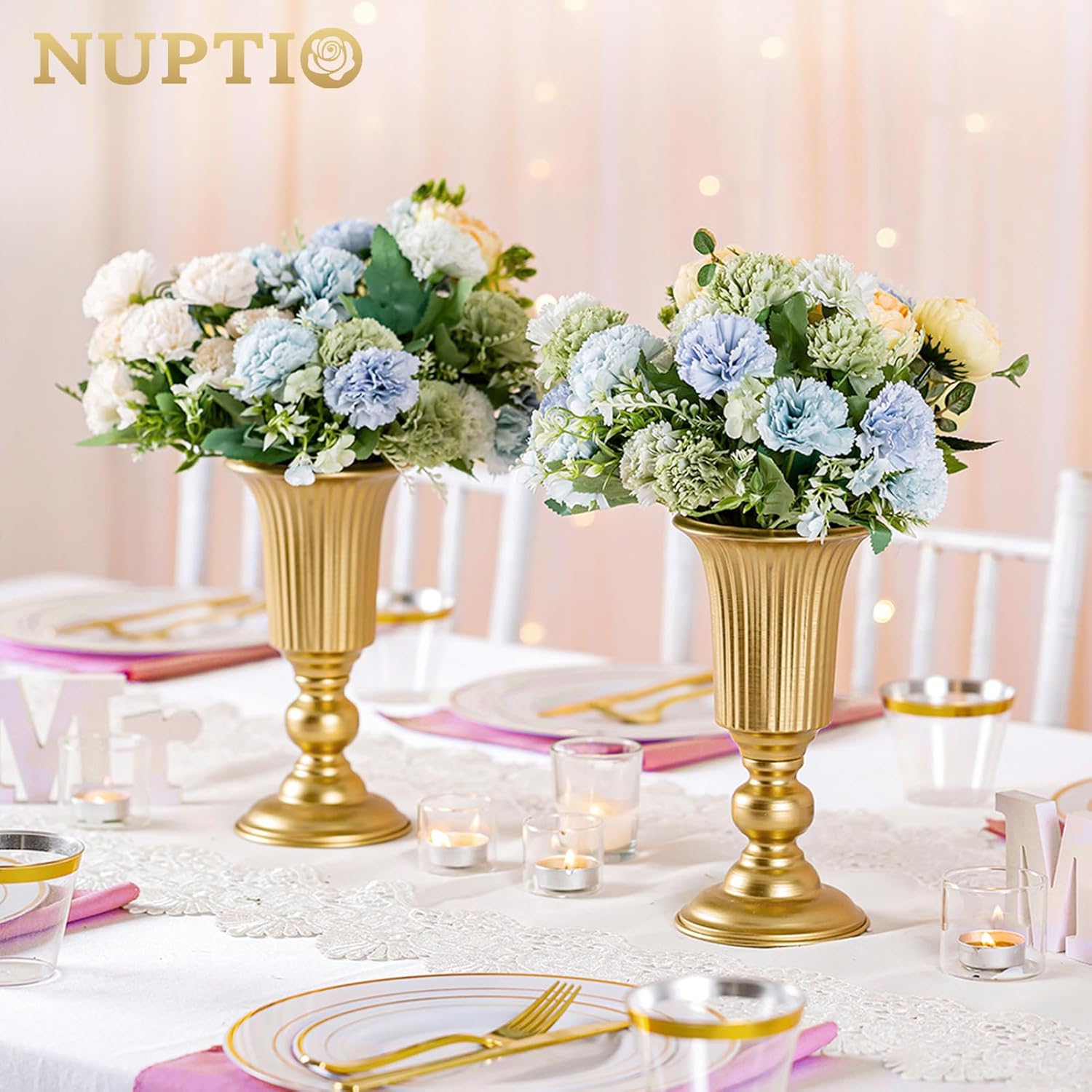 Nuptio Pcs of 2 Flowered Metal Trumpet Vase Elegant Wedding Centerpieces Vase for Wedding Party Decoration, 23.2cm/9.13" Tall Artificial Flower Arrangements for Anniversary Ceremony