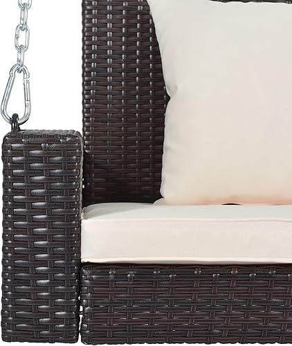 Miniatura 5 de Polibi Banco oscilante de ratán con almohada de cojín, 2 asientos para porche, para jardín, patio trasero, estanque, patio (mimbre marrón, cojín