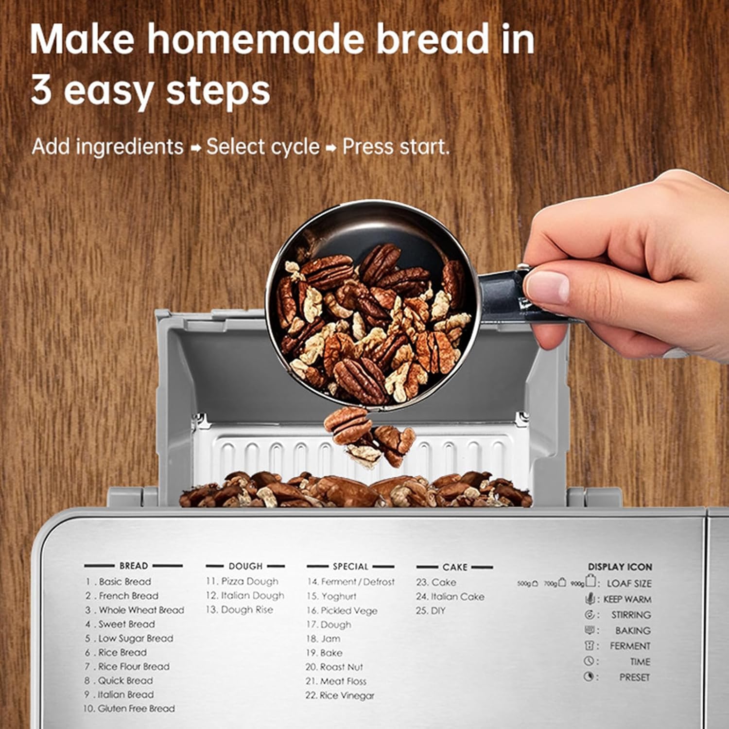 Automatic Bread Maker, Stainless Steel Breadmaker, 25 Smart Programs & Custom, Beginner-Friendly Controls, A bread machine suitable for making French, yogurt, and other
