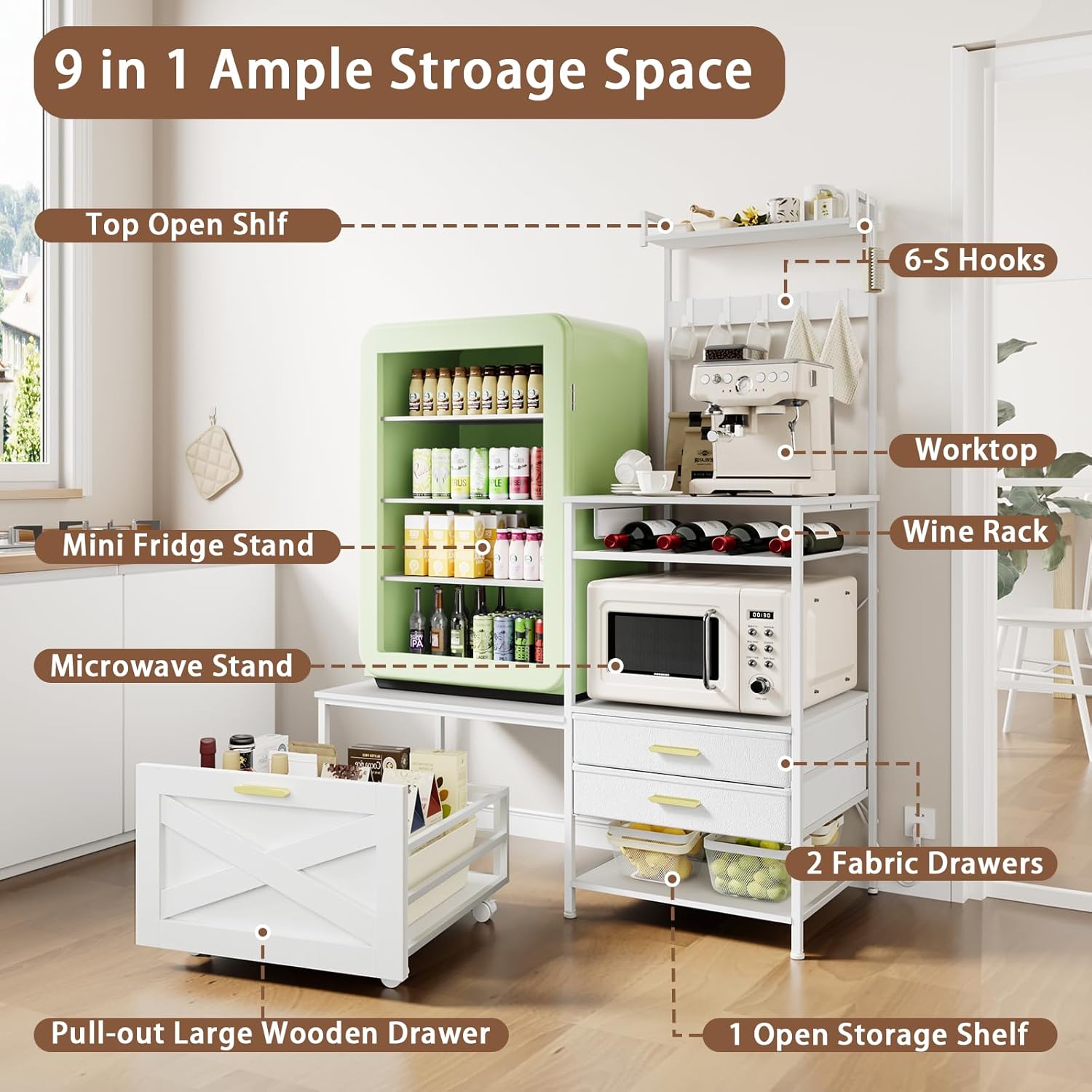 Mini Fridge Stand with Microwave Shelf, Farmhouse Mini Fridge Stand with Wine Rack & Power Outlet, Kitchen Bakers Rack with Shelf and Drawers for Home Dorm Office Bar, White Large