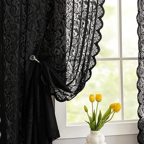 ALIGOGO Black Lace Curtains 63 Inch Length Victorian Vintage Floral Sheer Curtain Panels for Halloween Luxury Gothic Curtains for Bedroom Witchy/Goth/Moody Room Decor, 52 x 63 Inch, Black - Black - 52"W x 63"L (Pack of 2)
