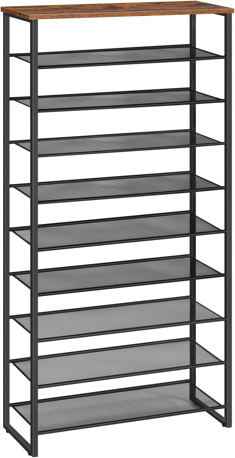 10-Tier Shoe Rack, Large Capacity Shoe Storage Organizer, Shoe Storage Unit for 27-36 Pairs of Shoes, 75 x 28.5 x 159 cm, Tall Shoe Shelf, Detachable Metal Mesh, Rustic Brown EBF107XJ01