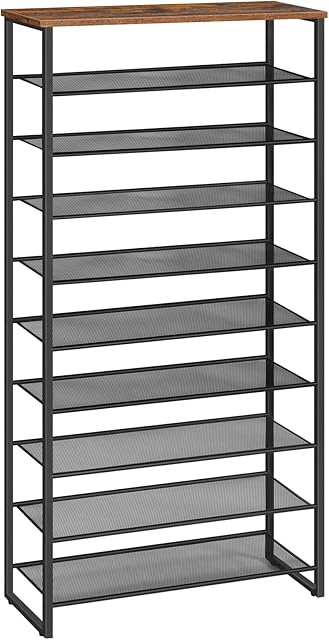 HOOBRO 10-Tier Shoe Rack, Large Capacity Shoe Storage Organizer, Shoe Storage Unit for 27-36 Pairs of Shoes, Tall Shoe Shelf, Detachable Metal Mesh, for Entryway, Industrial, Rustic Brown EBF107XJ01