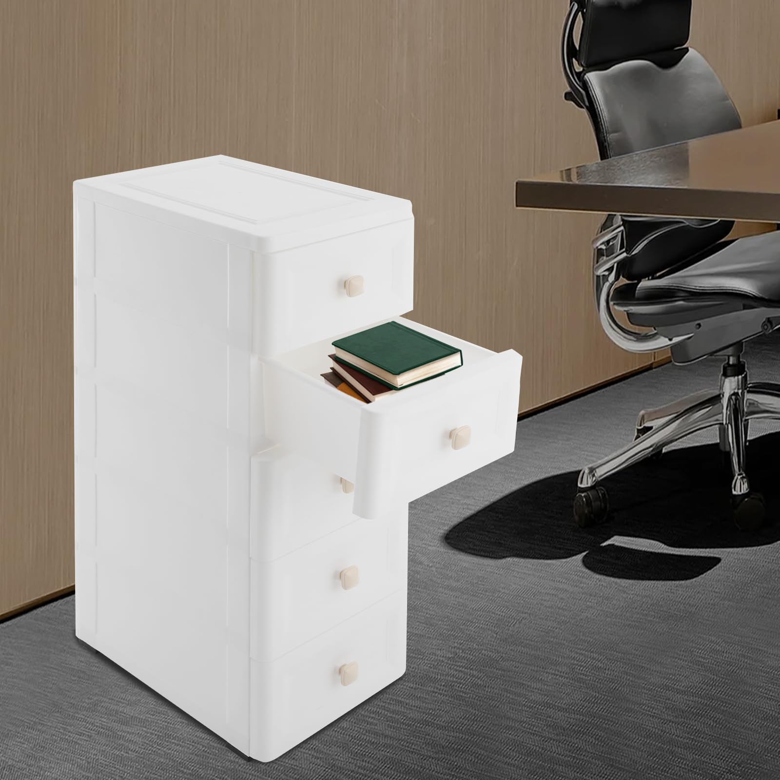 5-Tier Bathroom Storage Cabinet, Slim Plastic Bathroom Storage, Space-Saving Narrow Floor Standing Rolling Storage Cabinet for Organize Cosmetics, Towels & Toiletries in Style (Square Handle)