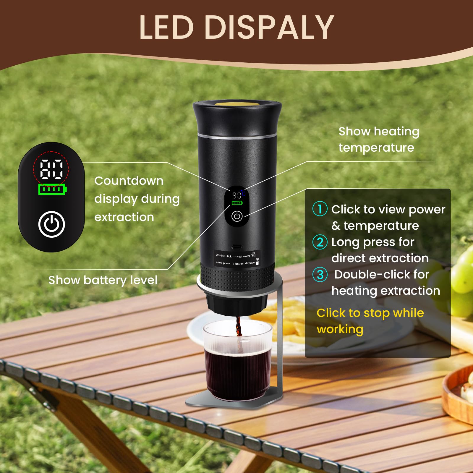 LAMA Cafetera portátil eléctrica de cápsulas compatible con cápsulas de café y café en polvo, calentamiento instantáneo, mini cafetera para camping, coche, viaje, color negro
