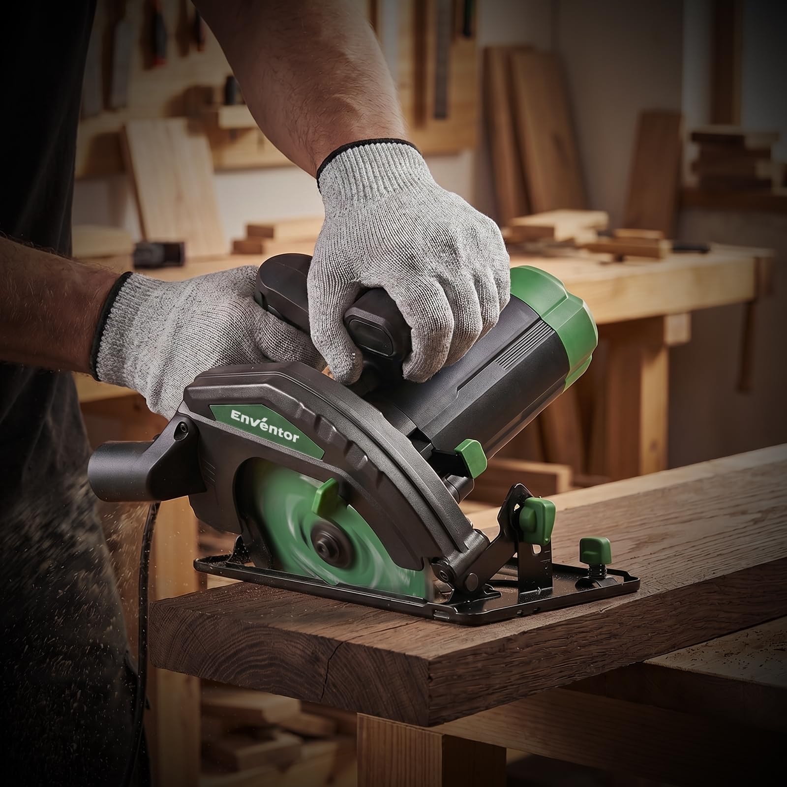 ENVENTOR 1300W Scie Circulaire, Filaire, Moteur Puissant | 5000RPM Scies Circulaires Électriques, coupe 65 mm (90 °), 44 mm (45 °), (Diamètre de Lame de Scie : 185 mm), pour Bois, PVC