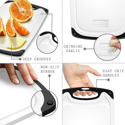 Miniatura 4 de Tabla de cortar de plástico, 3 tablas de cortar aptas para lavavajillas con ranuras para jugo, mango de fácil agarre, antideslizante, con área de