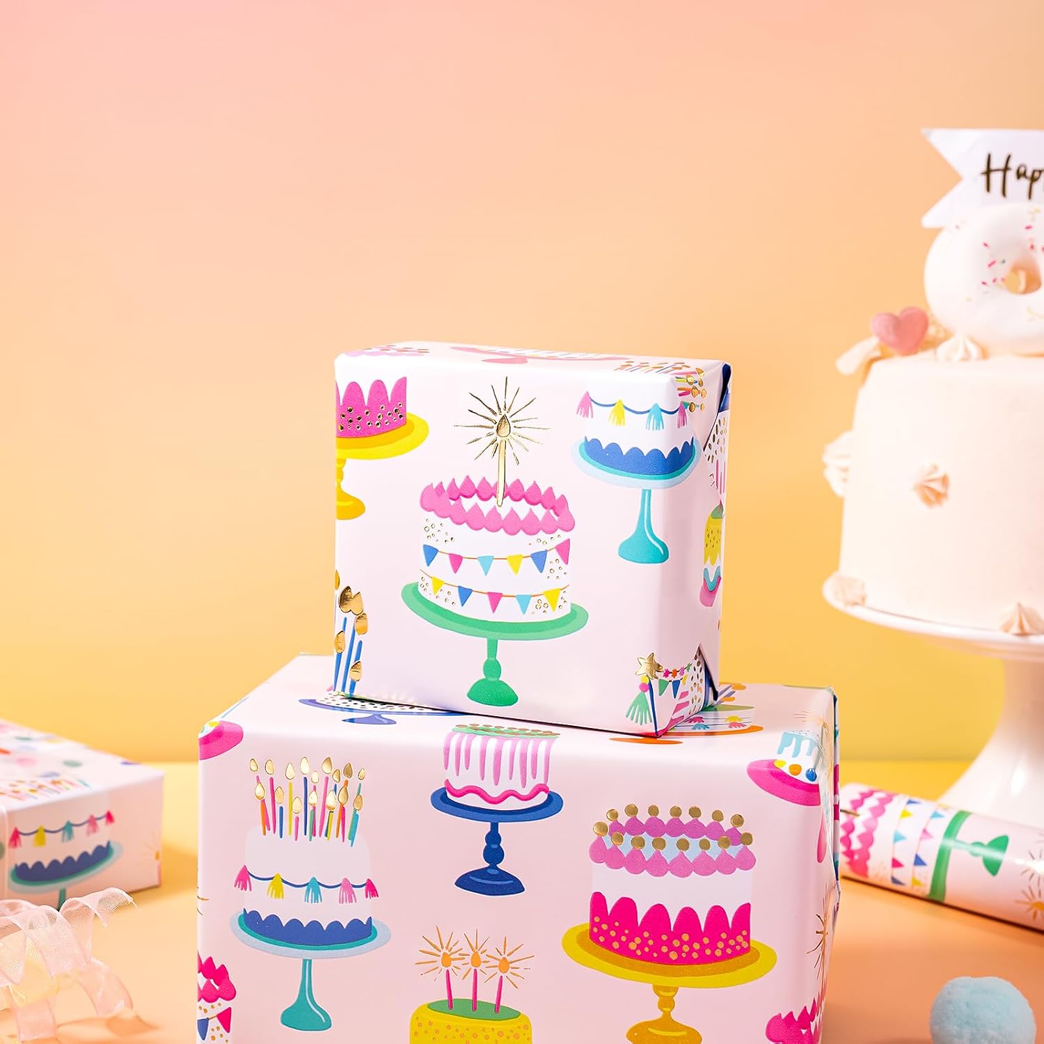 WRAPAHOLIC Birthday Wrapping Paper Roll - Mini Roll - 17 Inch x 16.5 Feet - Gold Foil Colorful Cake Wrapping Paper Perfect for Birthday, Holiday, Party, Baby Shower image 5