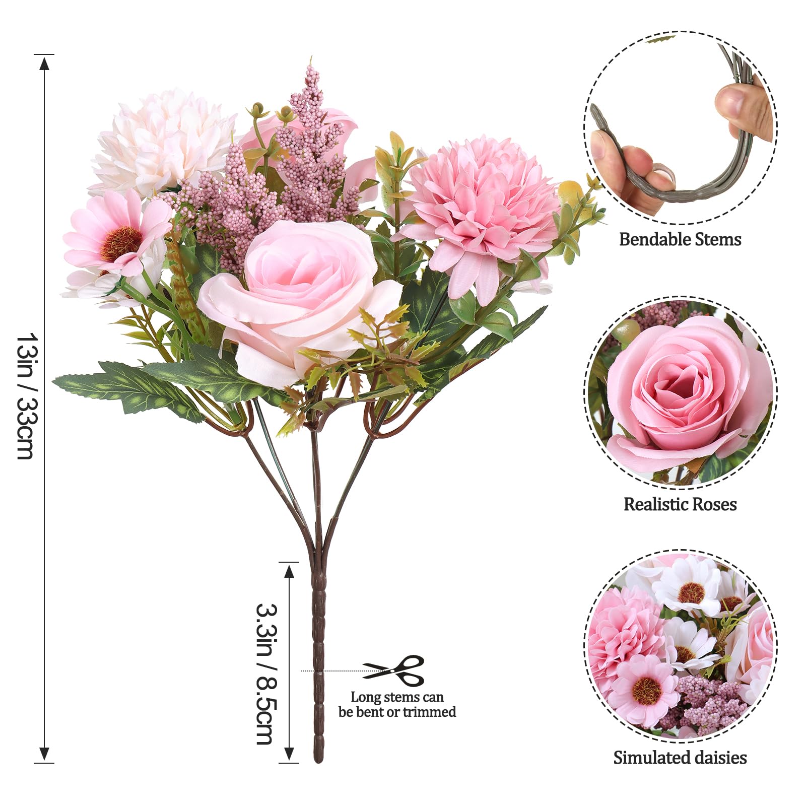 MEIVINES 2 Bunches Pink Artificial Flowers Fake Flowers Artificial Flower Bouquet Faux Roses Silk Flower Arrangements for Wedding Party Home Kitchen Decorations - Image 3