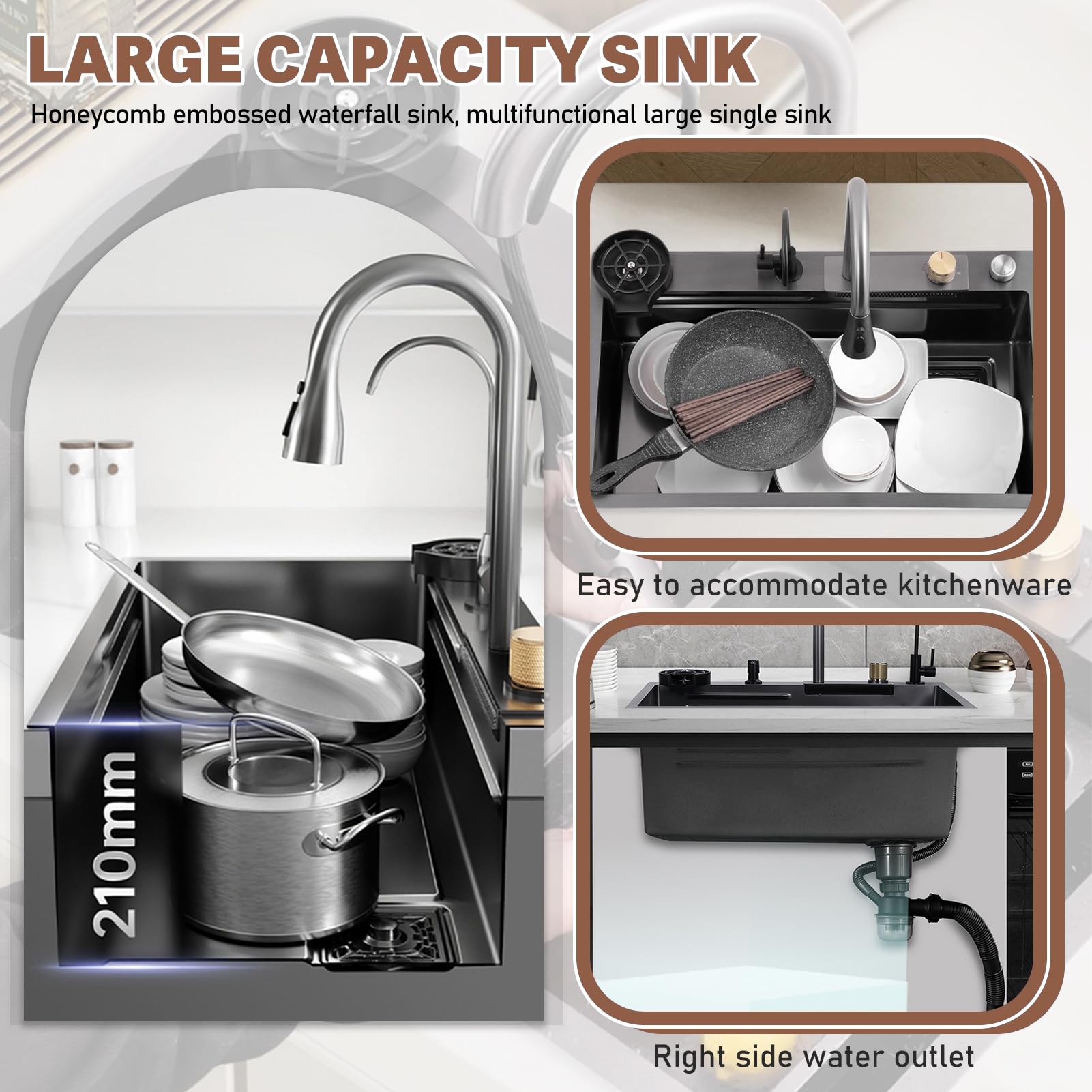 Fregadero de cocina multifuncional de acero inoxidable con efecto cascada, 85 × 50 cm, gran fregadero de estación de trabajo, fregadero individual con montaje en la parte superior, con botón