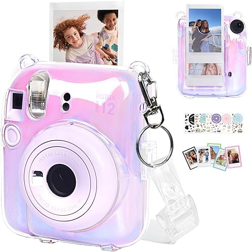 CAIYOULE Funda transparente para cámara Instax Mini 12, Fujifilm Mini 12 funda protectora para PC con pegatinas de cámara y mini marcos