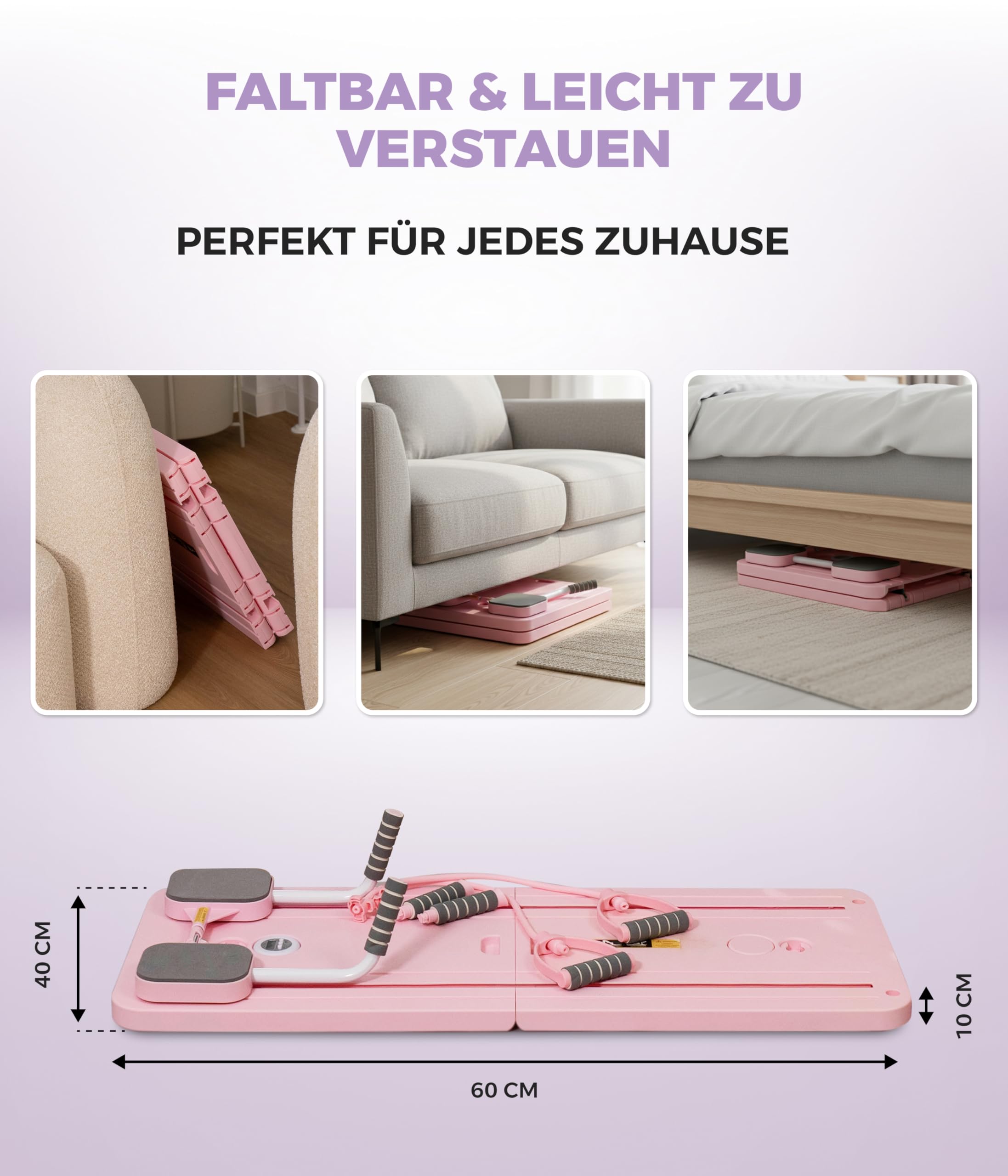 Yunik® Pilates Board | Faltbar & Kompakt | Ganzkörper Set mit Trainingsbändern Home Workout Pilates Reformer für Zuhause Trainer klappbar für Schulter Bauch Arme