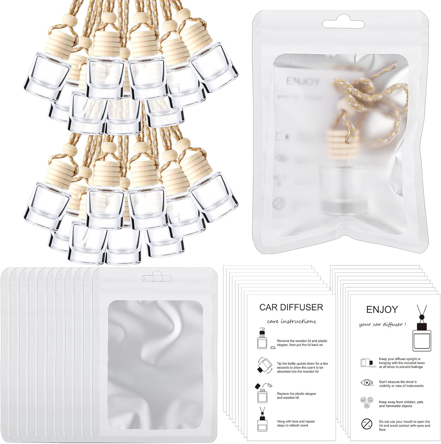 Boao 100 Sets Hanging Car Air Freshener Diffuser Bottles with Instruction Card and 4 x 6” Resealable Holographic Bag for Empty Car Essential Oil Perfume Bottles Packaging(White Card,Cylinder) Boao 100 Sets Hanging Car Air Freshener Diffuser Bottles with Instruction Card and 4 x 6” Resealable Holographic Bag for Empty Car Essential Oil Perfume Bottles Packaging(White Card,Cylinder)