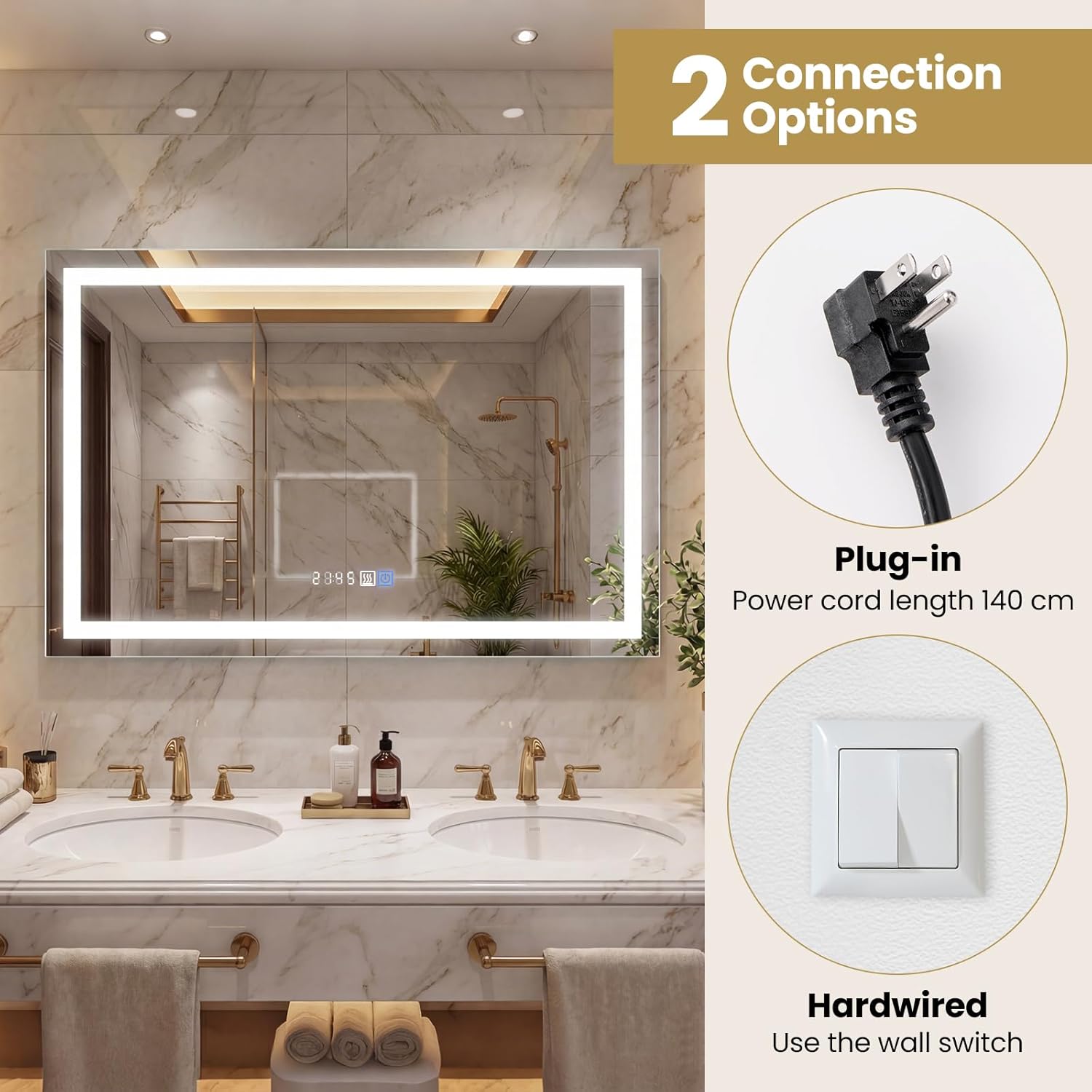 Diagram illustrating two connection options: plug-in with a power cord and hardwired using a wall switch.