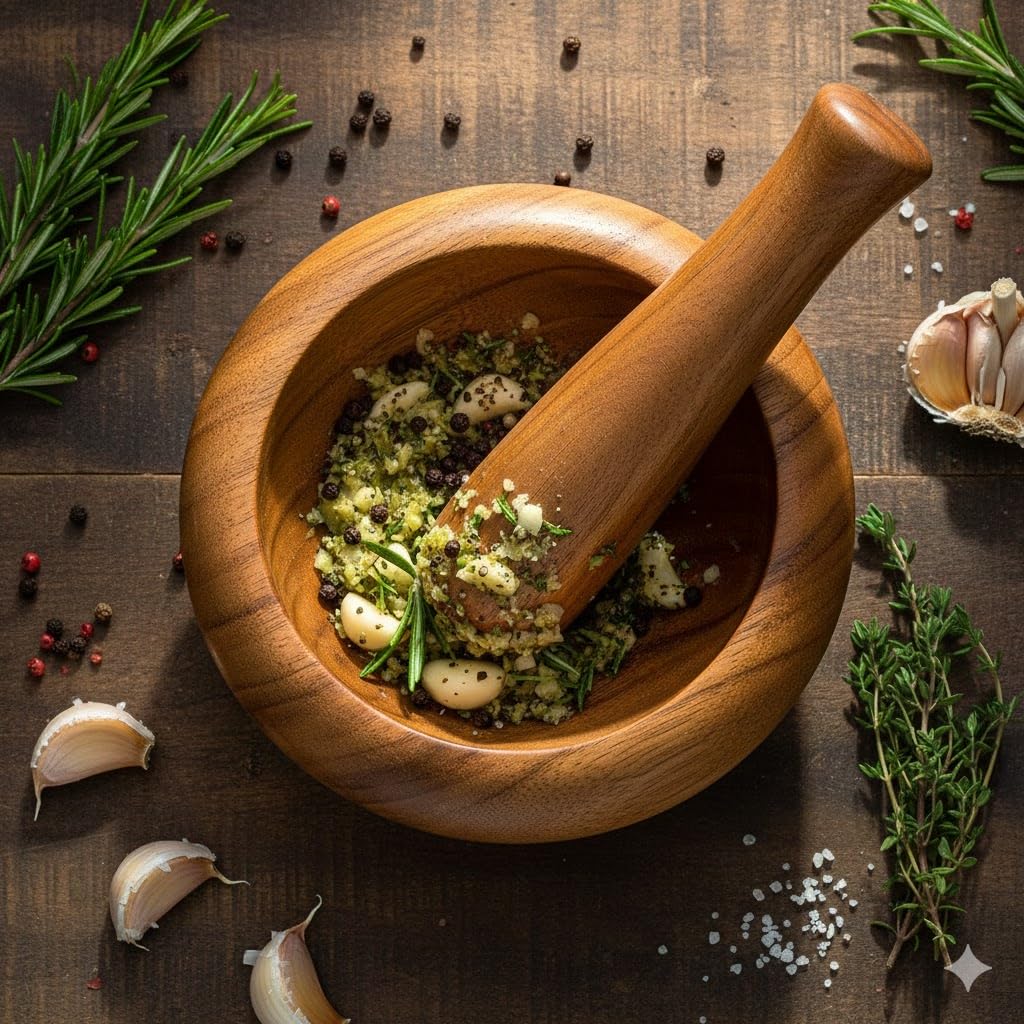 Handmade Wooden Mortar & Pestle Set, Herb Spice Garlic Masala Grinder Bowl
