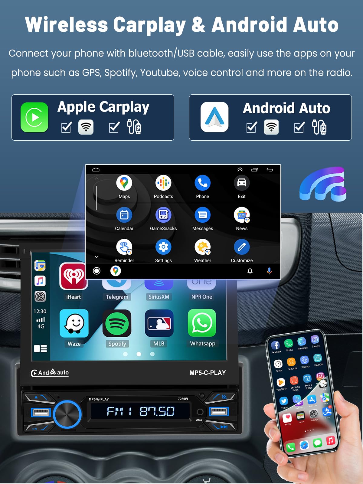 Hikity 1 DIN Autoradio Met 7 Inch Touchscreen – Draadloze CarPlay & Android Auto – Bluetooth 5.1 – FM Radio – Achteruitrijcamera – 4x45W – Gemotoriseerd Inschuifbaar