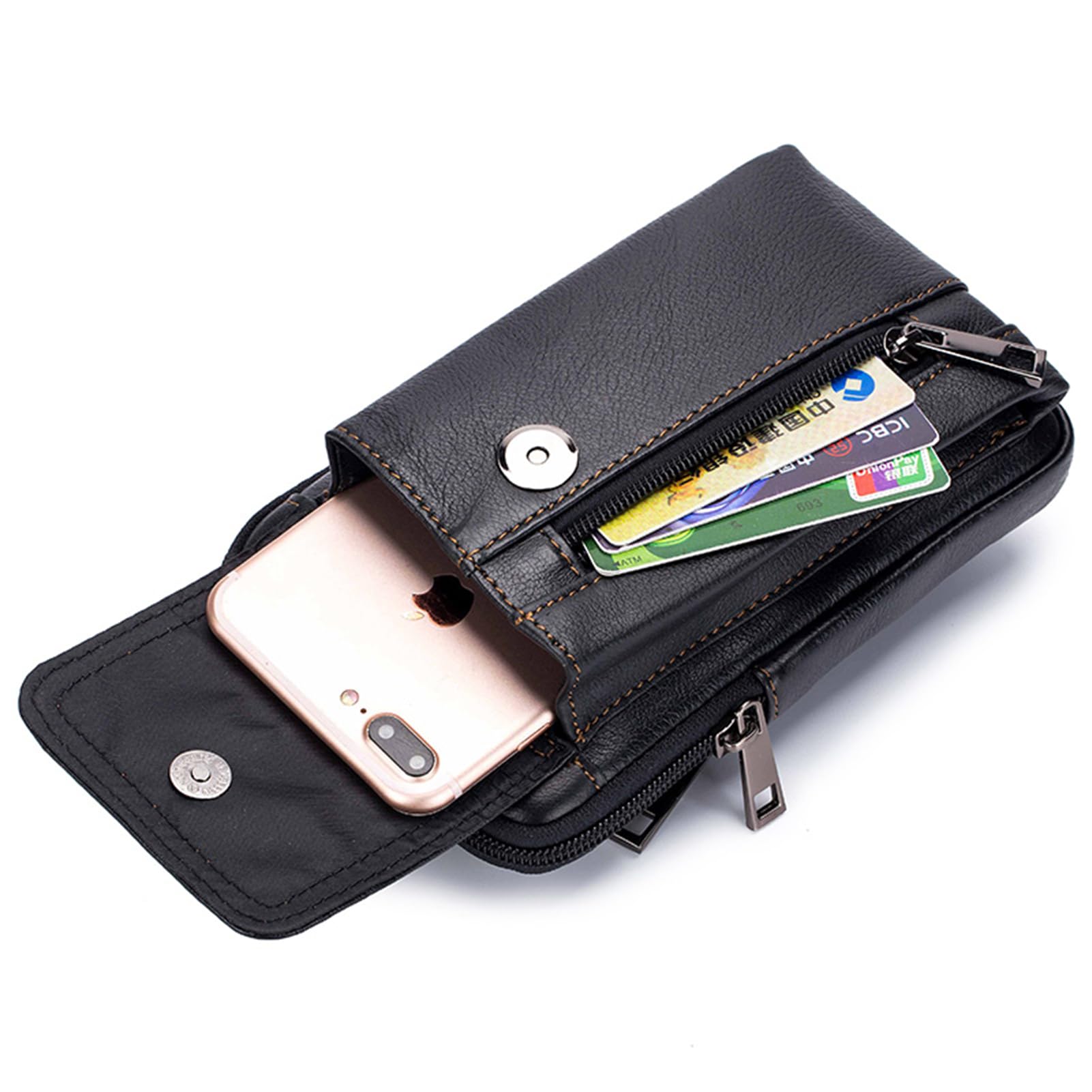 Pundarika Sacoche Homme en Cuir Bandoulière – Sac Banane 3-en-1 Ceinture & Épaule, Pochette Téléphone Portable, Petit Sac Bandoulière Vintage pour Homme, Voyage & Quotidien (Noir)